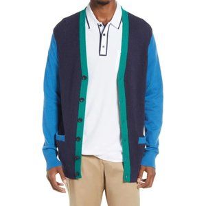 New BP.  Colorblock Varsity Cardigan Mens XXS 2XS Blue Green Knit V-Neck Sweater